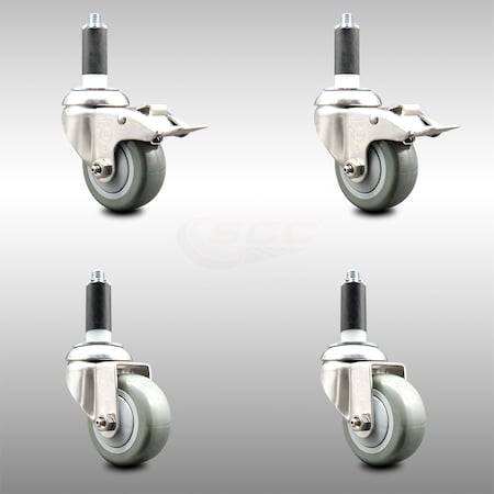 Service Caster 3.5 Inch 316SS Gray Polyurethane Swivel 1 Inch Stem Caster Lock Brake, 2PK SCC-SS316TTLEX20S3514-PPUB-2-S-2-1
